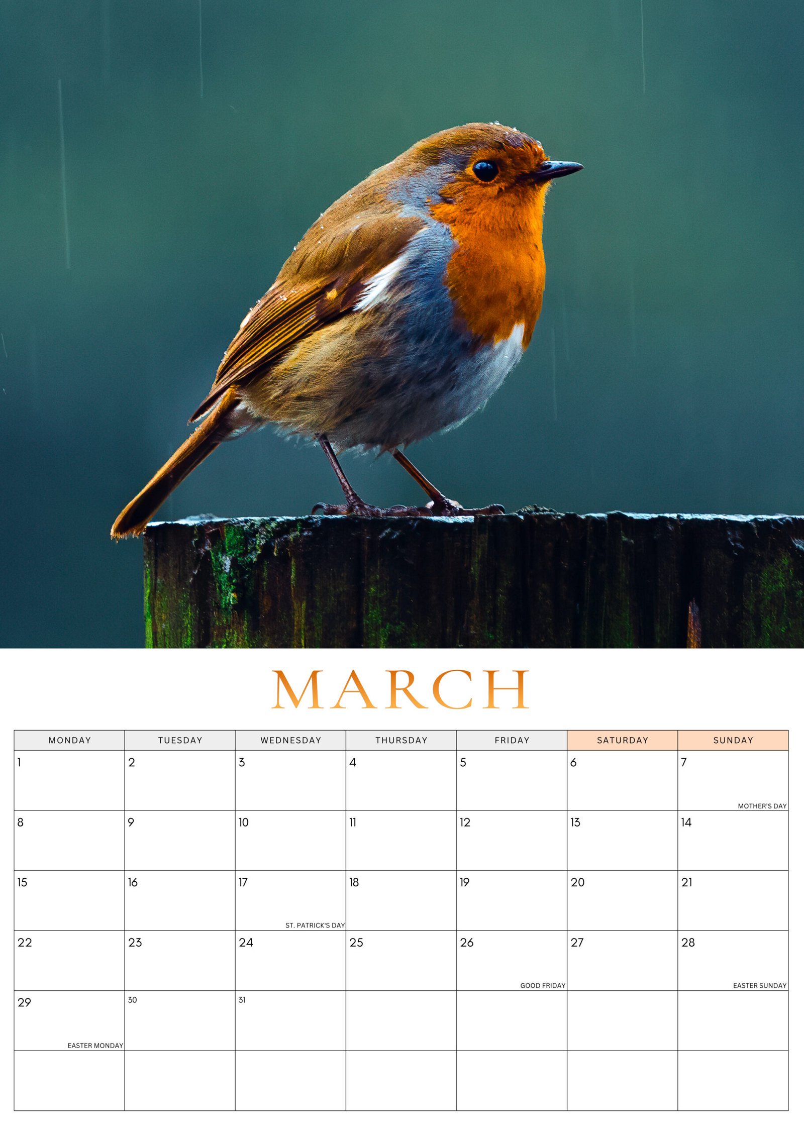 March 2027 Robin Calendar